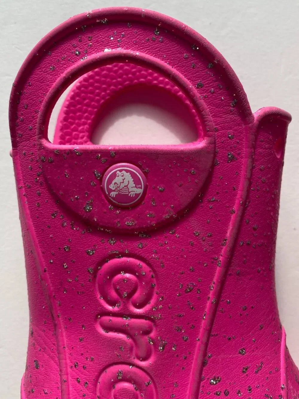 CROCS Handle It, pink and silver glitter rain boots, girl's size C 10, EUC